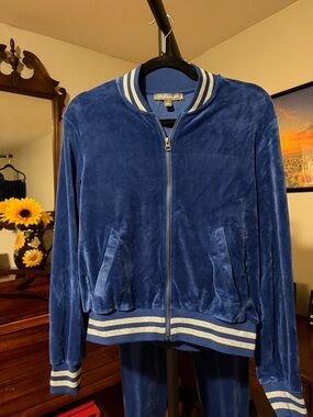 Set! Velour Bomber Jacket and Joggers in Blue with Silver Stripe Trim
